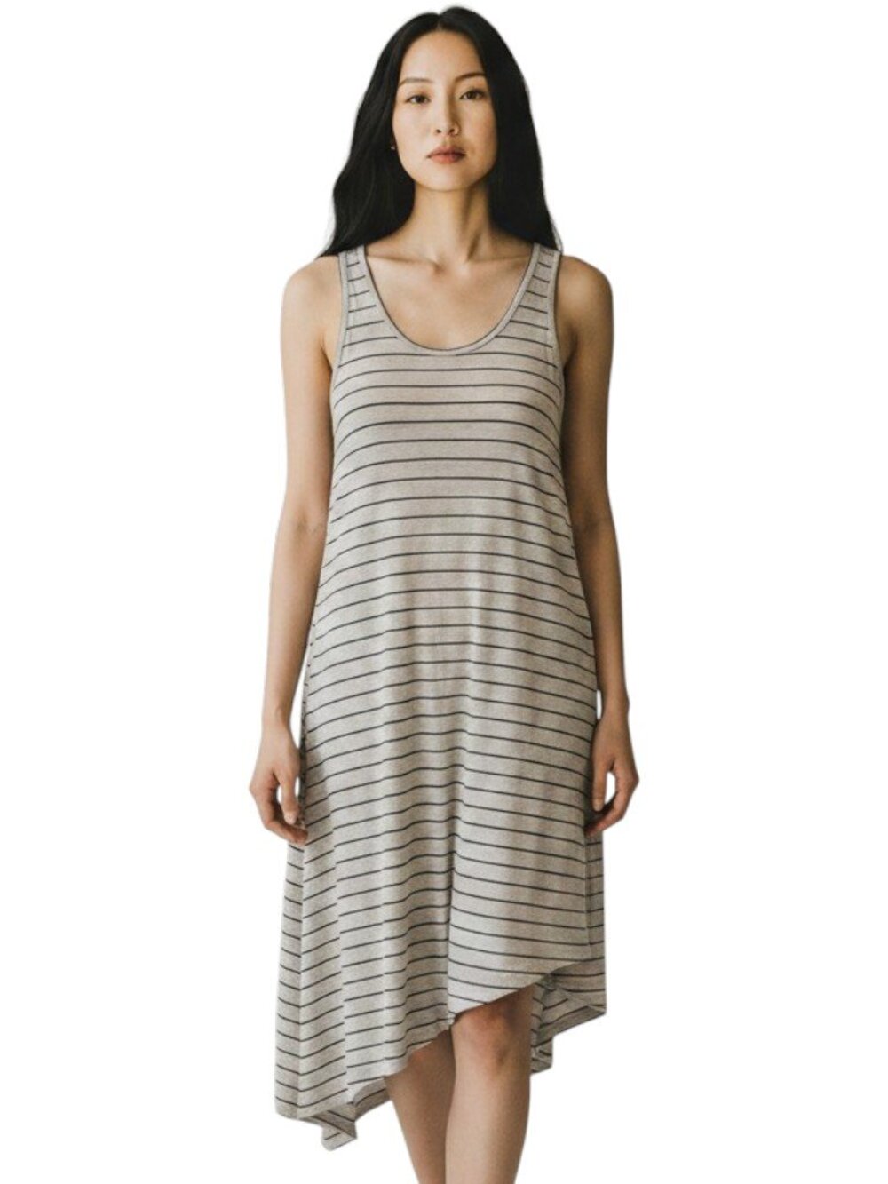 Scanlan Theodore Linen Stripe Sleeveless Dress Asymmetric Hem Gray Black Size ML